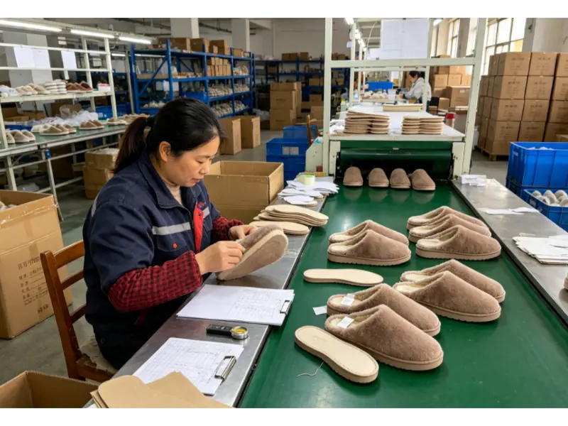 Workers manufacturing Fuzzy Fur Indoor House Bedroom Slipper for Women with footwear production craftsmanship